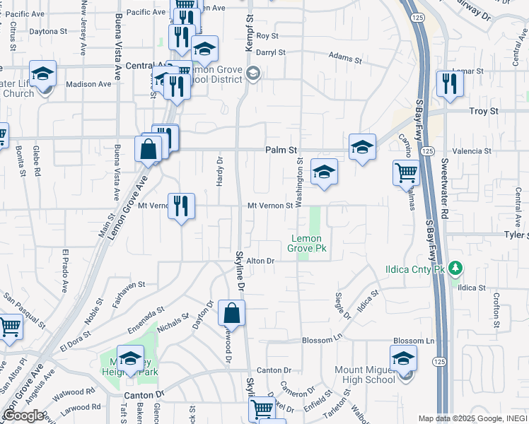 map of restaurants, bars, coffee shops, grocery stores, and more near 2348 Di Foss St in Lemon Grove