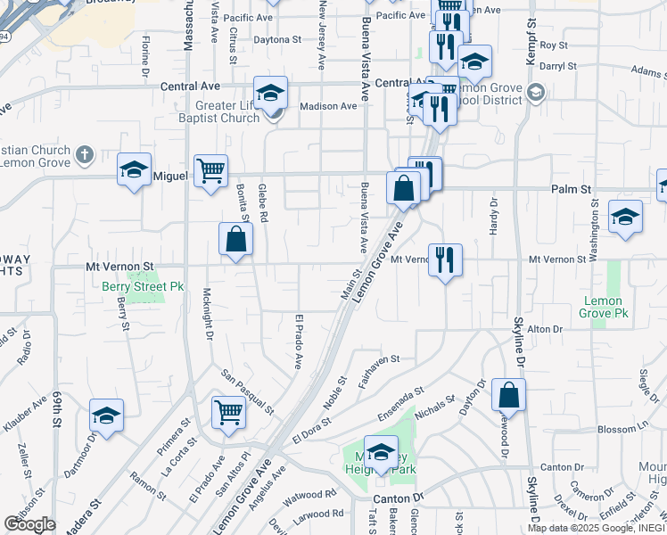 map of restaurants, bars, coffee shops, grocery stores, and more near 7505 Mount Vernon Street in Lemon Grove