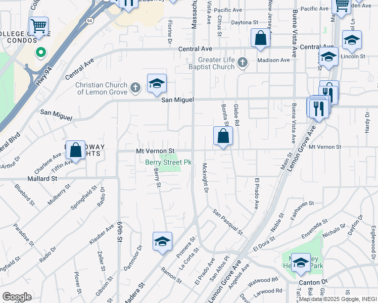 map of restaurants, bars, coffee shops, grocery stores, and more near 2390 Massachusetts Avenue in Lemon Grove