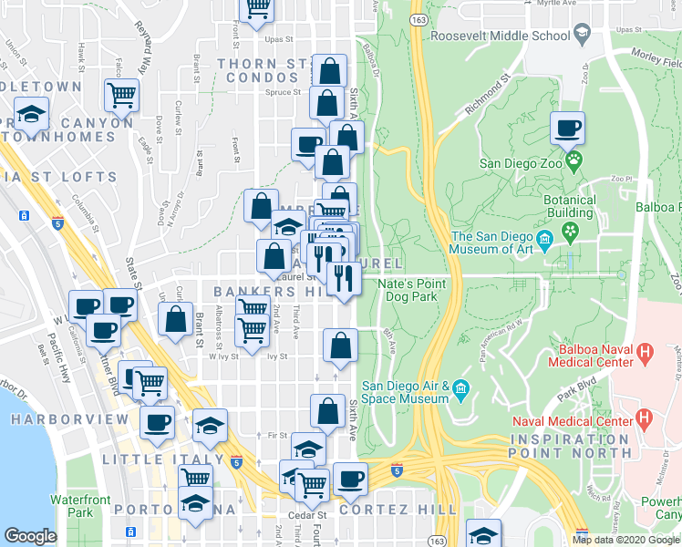 map of restaurants, bars, coffee shops, grocery stores, and more near 2500 Fifth Avenue in San Diego