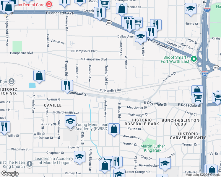 map of restaurants, bars, coffee shops, grocery stores, and more near 5405 Old Handley Road in Fort Worth