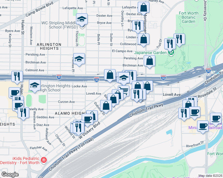map of restaurants, bars, coffee shops, grocery stores, and more near 3909 Locke Avenue in Fort Worth