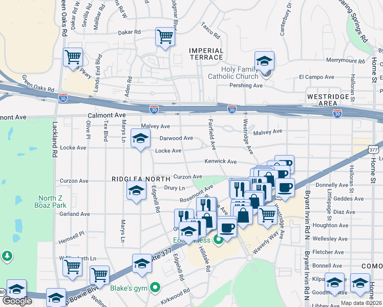 map of restaurants, bars, coffee shops, grocery stores, and more near 6337 Locke Avenue in Fort Worth