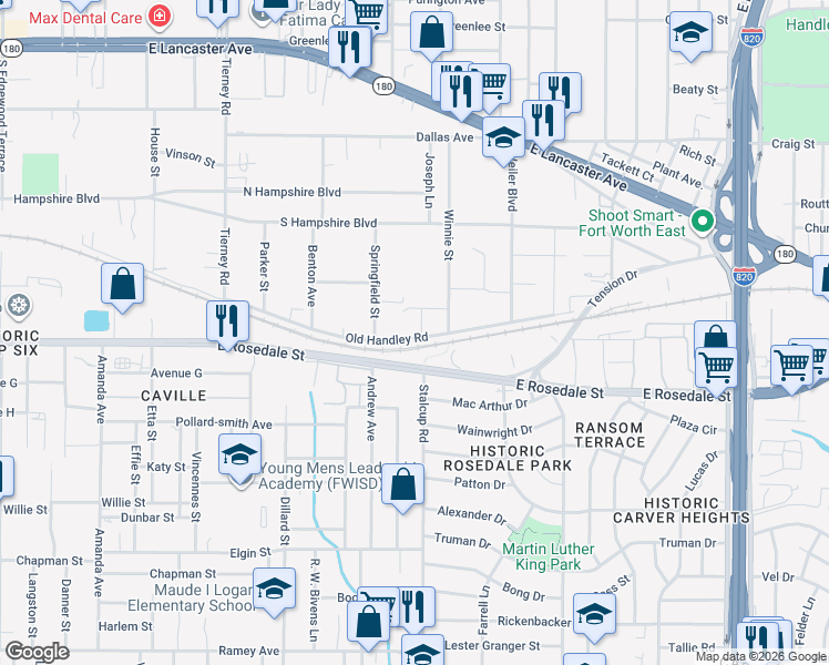 map of restaurants, bars, coffee shops, grocery stores, and more near 1116 South Roselane Street in Fort Worth