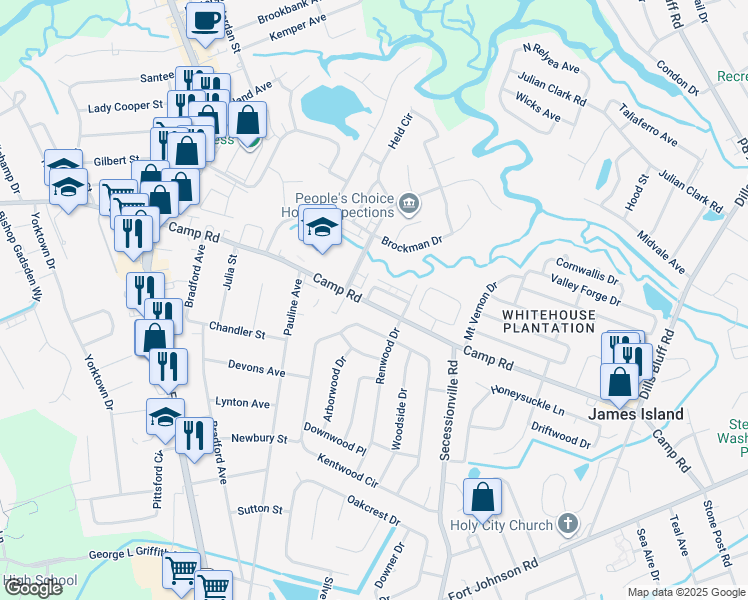 map of restaurants, bars, coffee shops, grocery stores, and more near 1426 Camp Road in Charleston