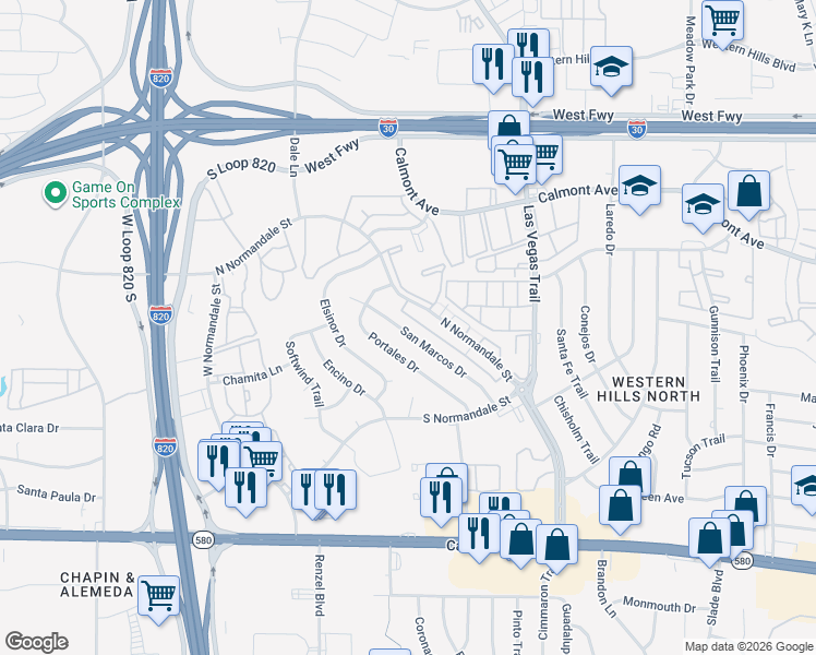 map of restaurants, bars, coffee shops, grocery stores, and more near 2821 Westwind Circle in Fort Worth