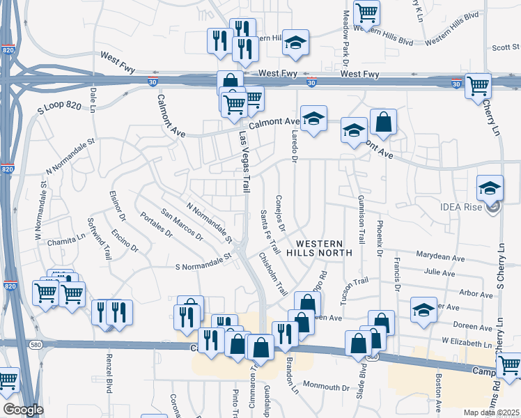 map of restaurants, bars, coffee shops, grocery stores, and more near 3000 Santa Fe Trail in Fort Worth