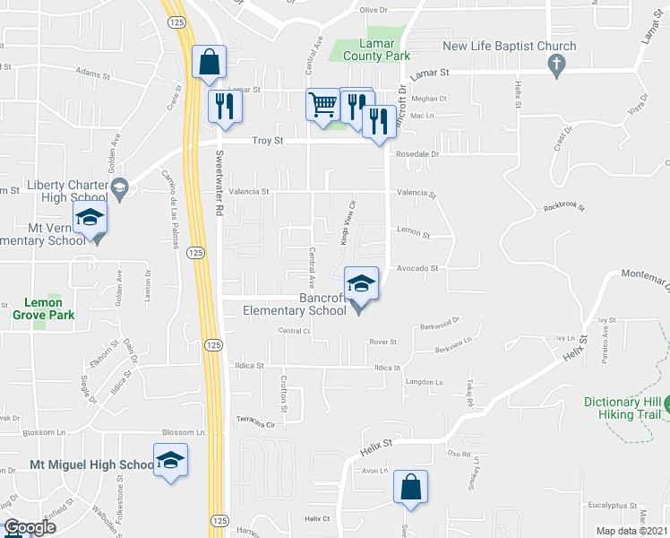 map of restaurants, bars, coffee shops, grocery stores, and more near 2449 Kings View Circle in Spring Valley