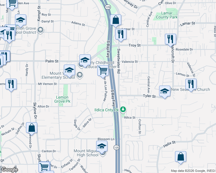 map of restaurants, bars, coffee shops, grocery stores, and more near 2340 Camino de Las Palmas in Lemon Grove