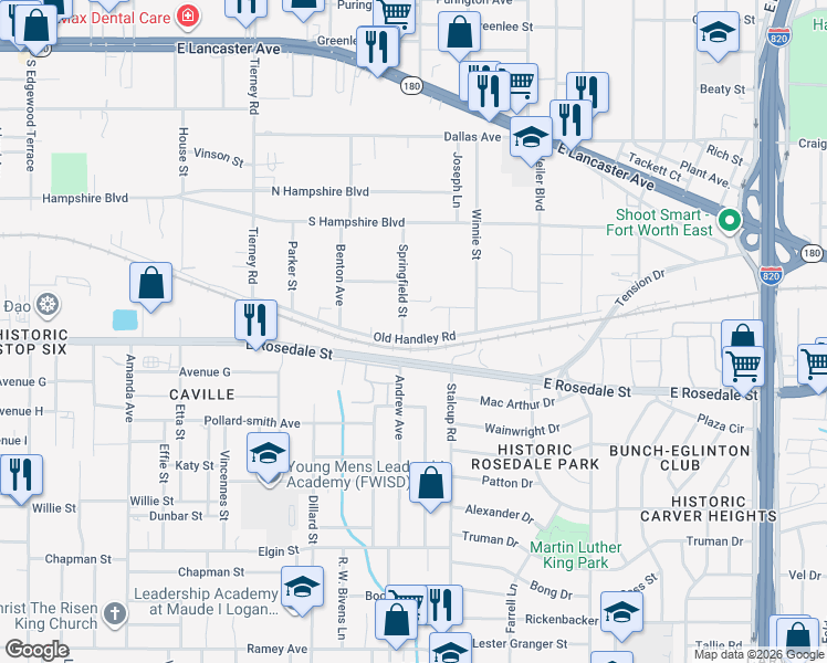 map of restaurants, bars, coffee shops, grocery stores, and more near 5405 Old Handley Road in Fort Worth