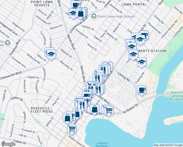 map of restaurants, bars, coffee shops, grocery stores, and more near 3205 Oliphant Street in San Diego