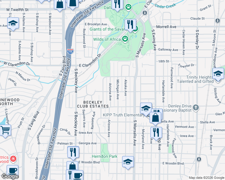 map of restaurants, bars, coffee shops, grocery stores, and more near 1344 Arizona Avenue in Dallas