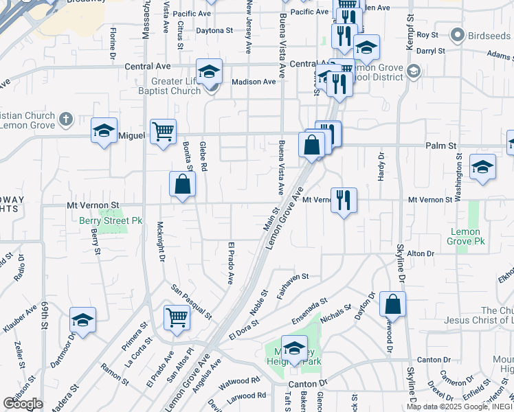 map of restaurants, bars, coffee shops, grocery stores, and more near 7505 Mount Vernon Street in Lemon Grove