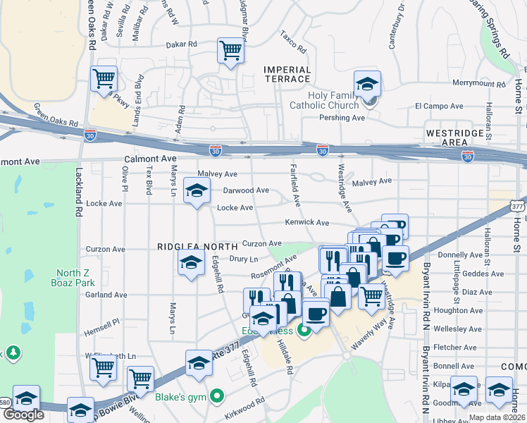 map of restaurants, bars, coffee shops, grocery stores, and more near 6337 Locke Avenue in Fort Worth