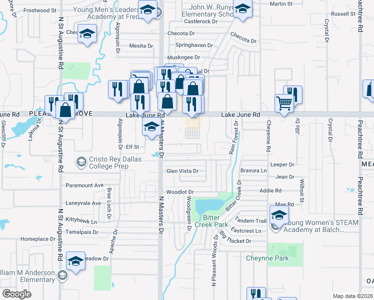 map of restaurants, bars, coffee shops, grocery stores, and more near 1180 North Masters Drive in Dallas