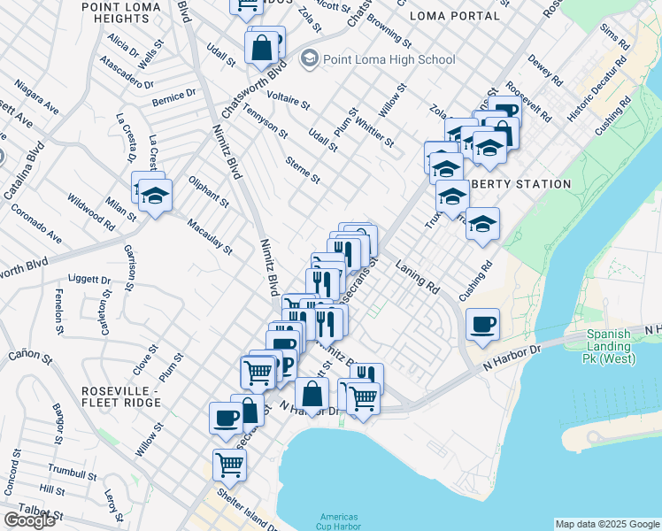 map of restaurants, bars, coffee shops, grocery stores, and more near 1870 Locust Street in San Diego
