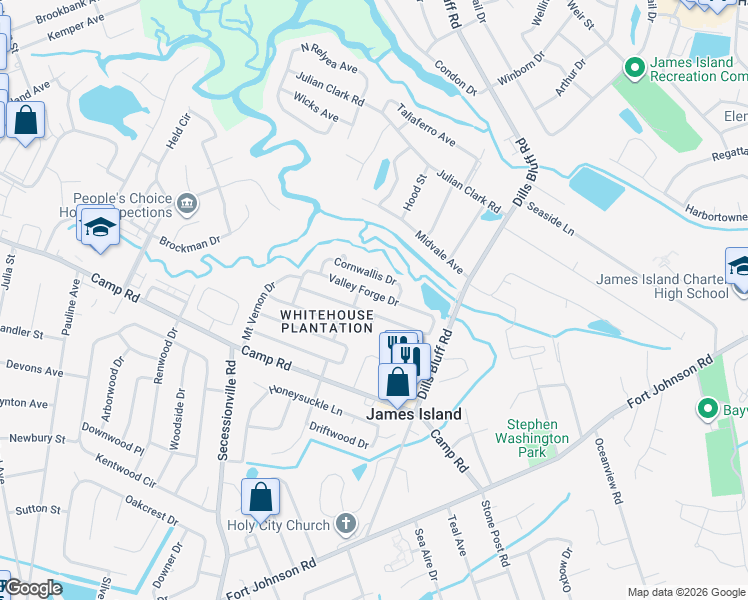 map of restaurants, bars, coffee shops, grocery stores, and more near 1241 Valley Forge Drive in Charleston
