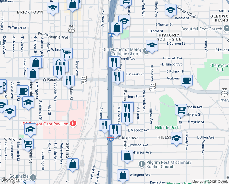 map of restaurants, bars, coffee shops, grocery stores, and more near 1203 South Freeway in Fort Worth