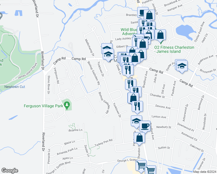 map of restaurants, bars, coffee shops, grocery stores, and more near 968 Yorktown Drive in Charleston