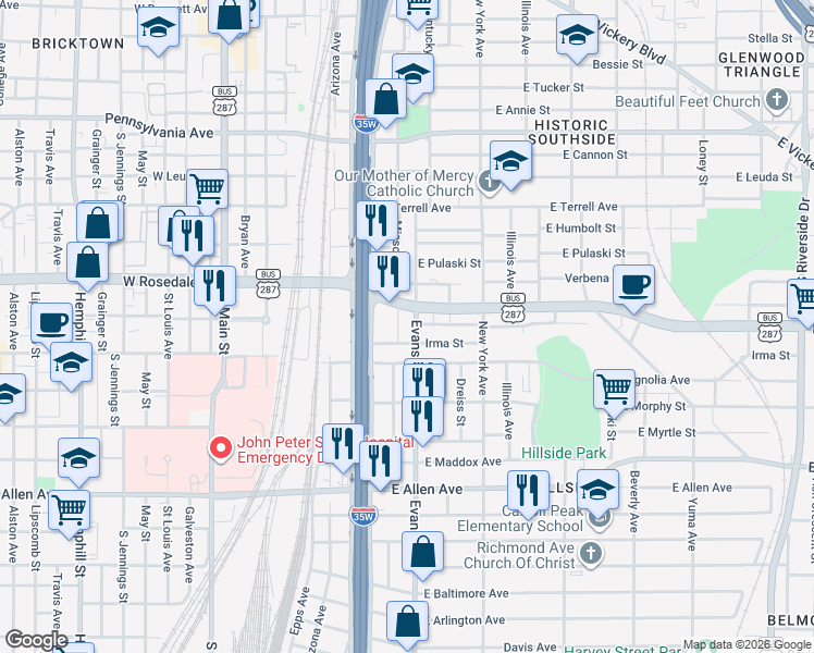 map of restaurants, bars, coffee shops, grocery stores, and more near 1200 Evans Avenue in Fort Worth