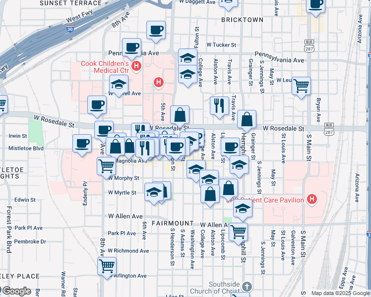 map of restaurants, bars, coffee shops, grocery stores, and more near 1209 South Adams Street in Fort Worth