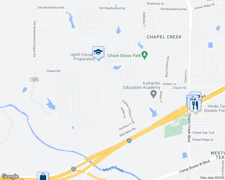 map of restaurants, bars, coffee shops, grocery stores, and more near 10604 Desert Cove in Fort Worth