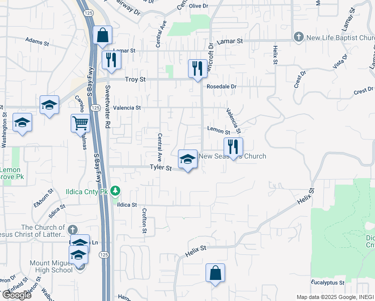 map of restaurants, bars, coffee shops, grocery stores, and more near 8931 Windham Court in Spring Valley