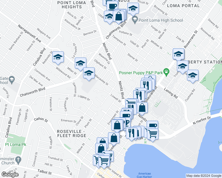 map of restaurants, bars, coffee shops, grocery stores, and more near 3405 Macaulay Street in San Diego