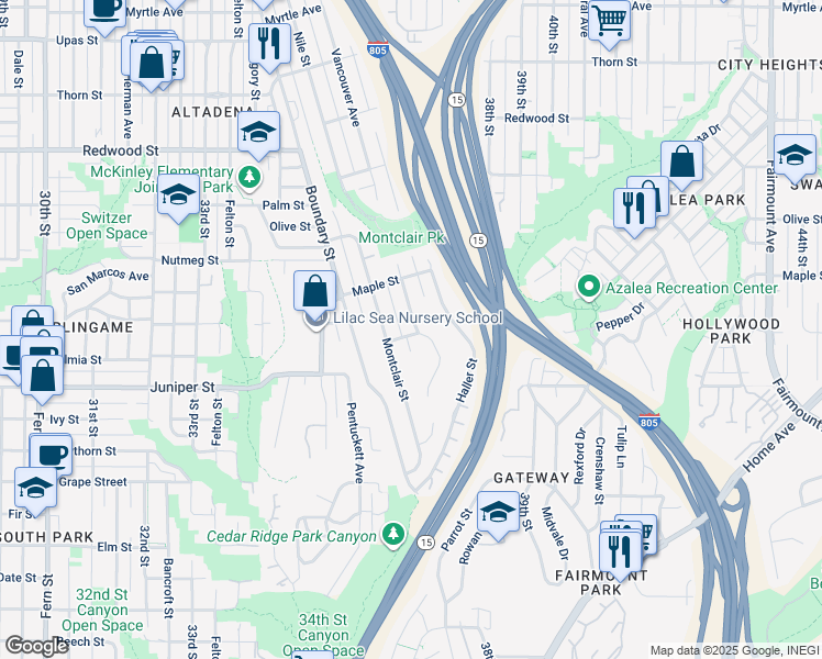 map of restaurants, bars, coffee shops, grocery stores, and more near 3680 Kalmia Street in San Diego