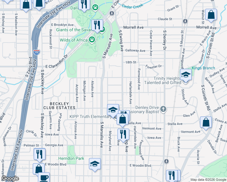 map of restaurants, bars, coffee shops, grocery stores, and more near 717 Genoa Avenue in Dallas