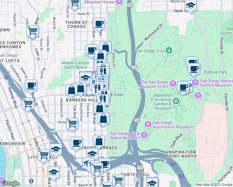 map of restaurants, bars, coffee shops, grocery stores, and more near 698 El Prado in San Diego