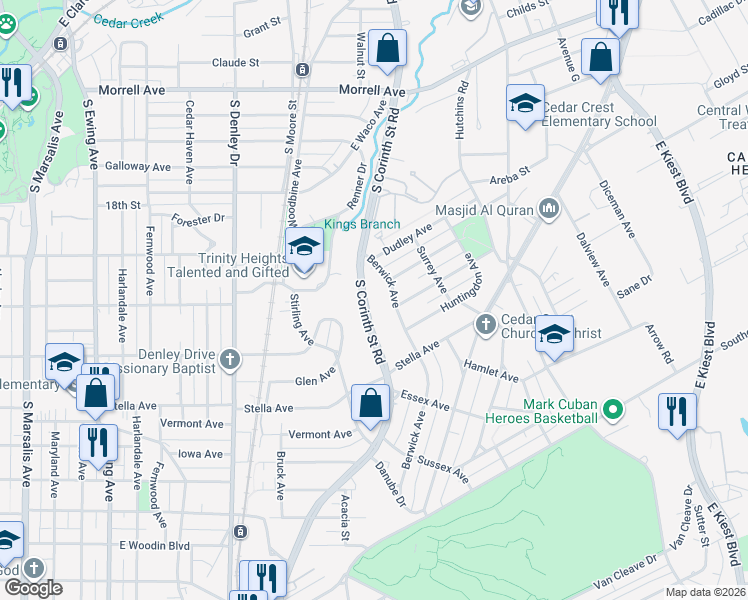 map of restaurants, bars, coffee shops, grocery stores, and more near 1342 South Corinth Street Road in Dallas