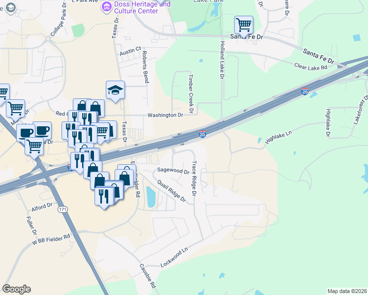 map of restaurants, bars, coffee shops, grocery stores, and more near 2125 Trace Ridge Drive in Weatherford