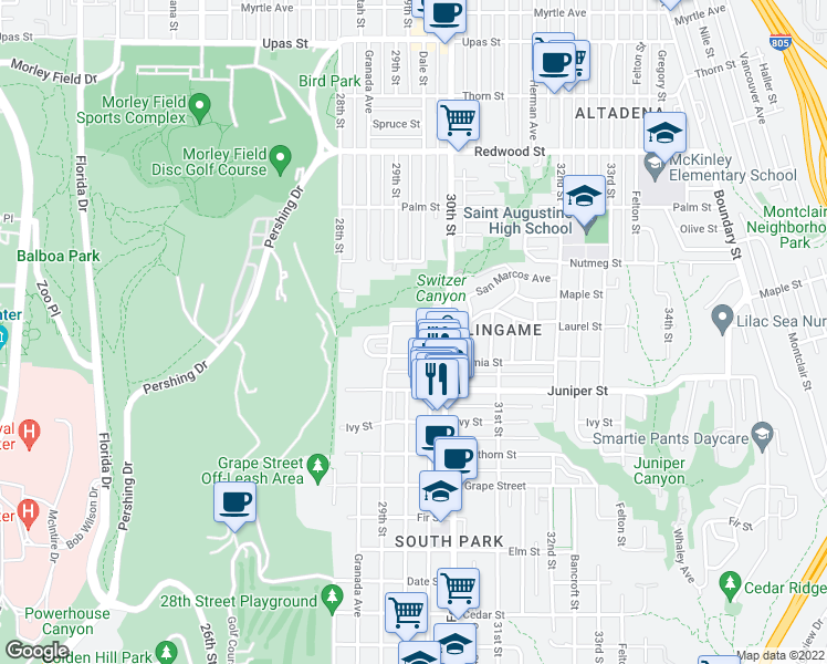 map of restaurants, bars, coffee shops, grocery stores, and more near 2959 Laurel Street in San Diego