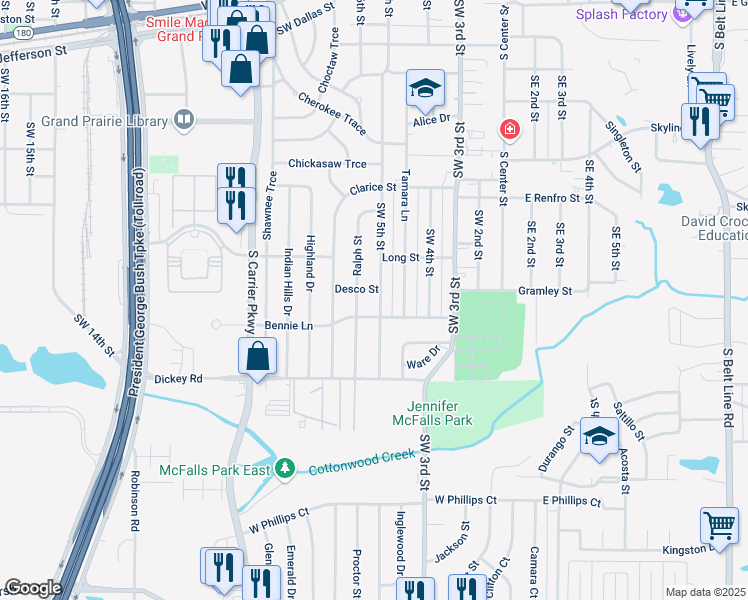 map of restaurants, bars, coffee shops, grocery stores, and more near 1106 Southwest 5th Street in Grand Prairie