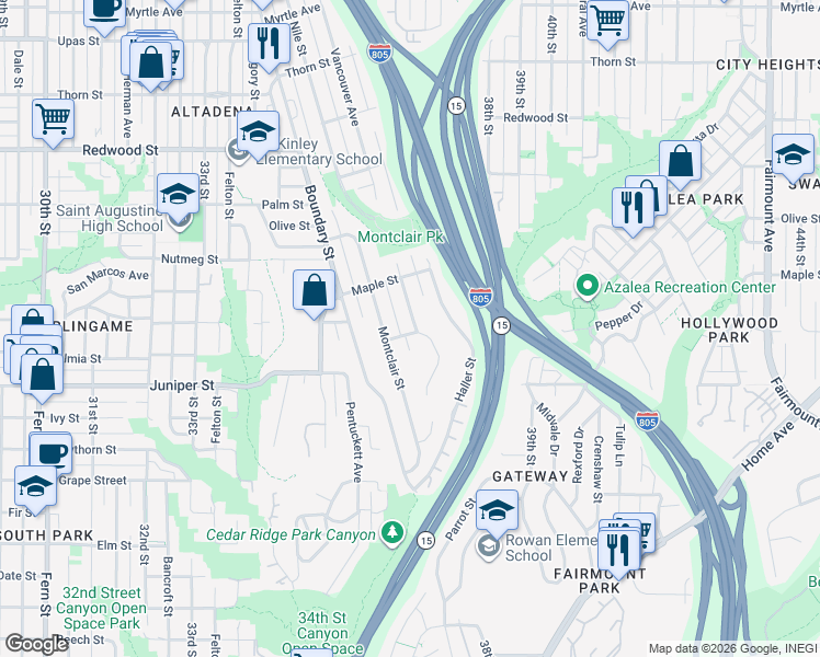 map of restaurants, bars, coffee shops, grocery stores, and more near 3680 Kalmia Street in San Diego