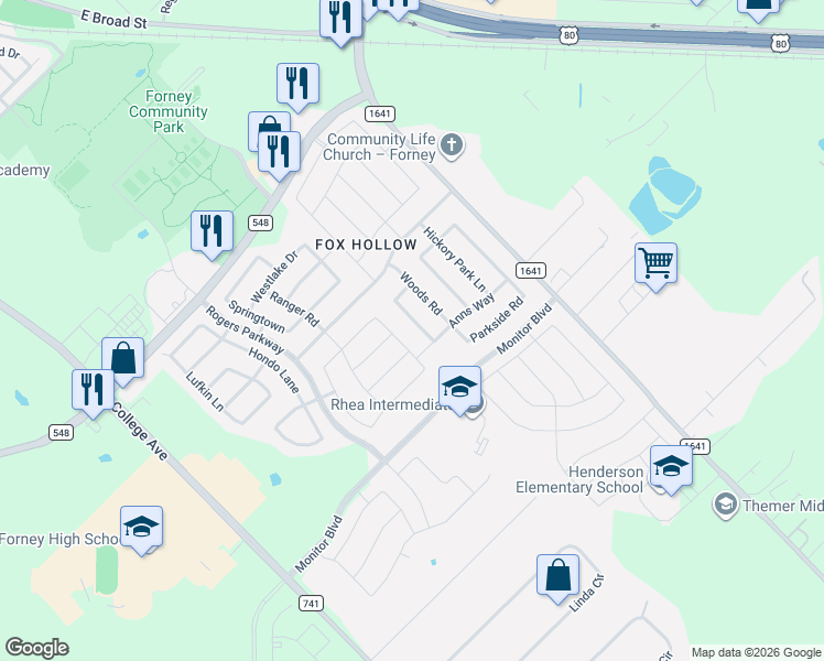 map of restaurants, bars, coffee shops, grocery stores, and more near 1134 Misty Meadow Drive in Forney