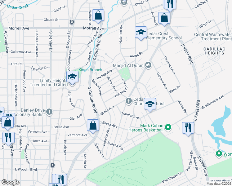 map of restaurants, bars, coffee shops, grocery stores, and more near 1847 Huntingdon Avenue in Dallas