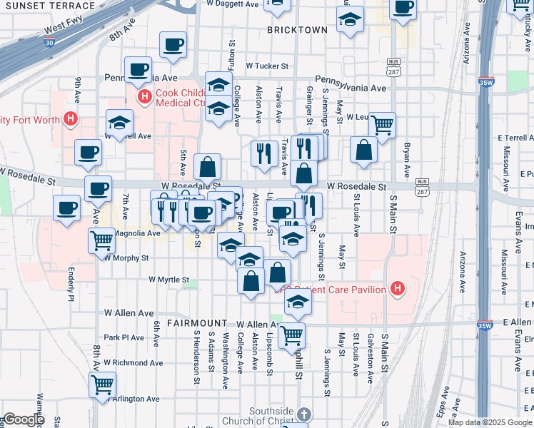 map of restaurants, bars, coffee shops, grocery stores, and more near 1212 Lipscomb Street in Fort Worth