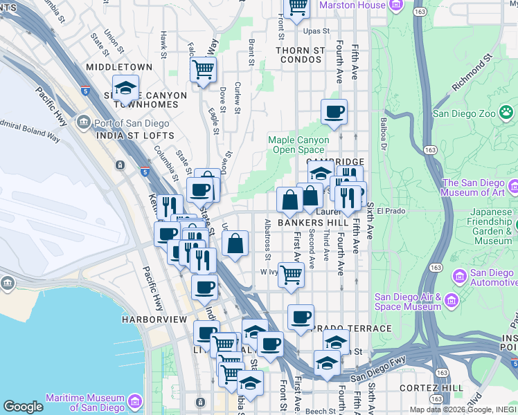 map of restaurants, bars, coffee shops, grocery stores, and more near 344 West Laurel Street in San Diego