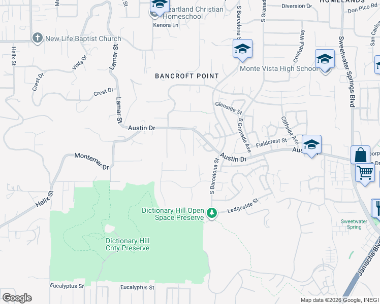 map of restaurants, bars, coffee shops, grocery stores, and more near 2611 Silver Oaks Way in Spring Valley