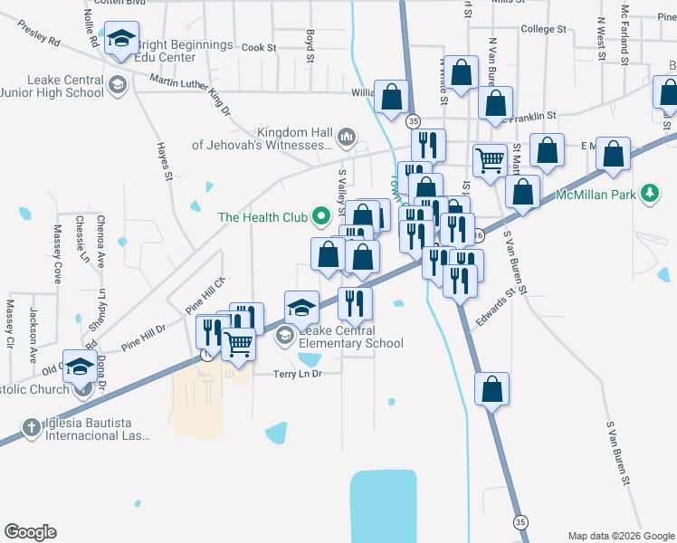 map of restaurants, bars, coffee shops, grocery stores, and more near 300 South Valley Street in Carthage