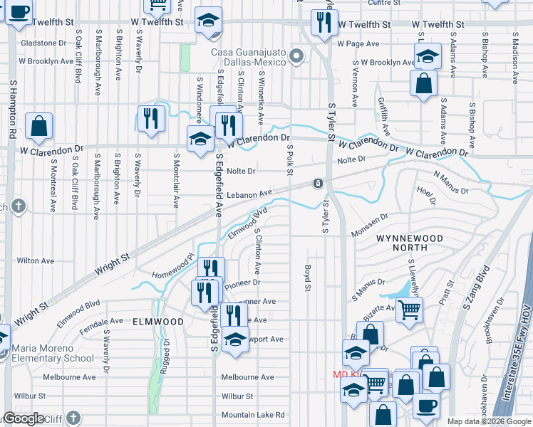 map of restaurants, bars, coffee shops, grocery stores, and more near 1134 Elmwood Boulevard in Dallas