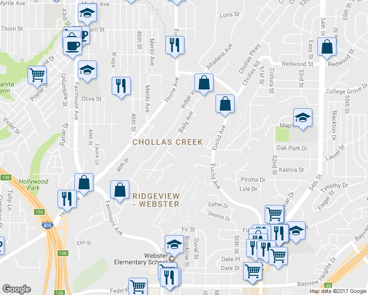 map of restaurants, bars, coffee shops, grocery stores, and more near 4781 Maple Street in San Diego