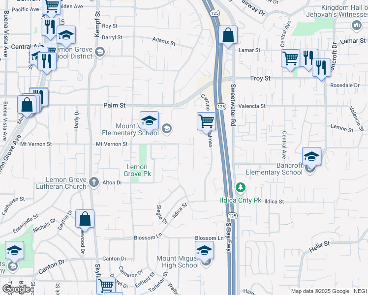 map of restaurants, bars, coffee shops, grocery stores, and more near 8421 Mount Vernon Street in Lemon Grove