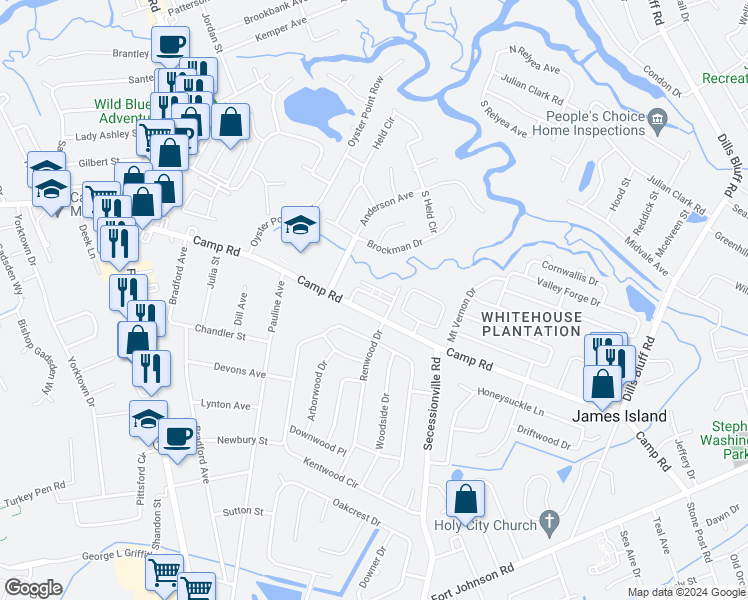 map of restaurants, bars, coffee shops, grocery stores, and more near 1415 Dove Run Drive in Charleston