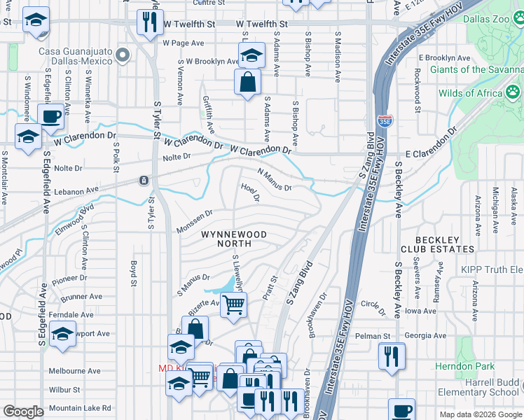 map of restaurants, bars, coffee shops, grocery stores, and more near 448 Monssen Drive in Dallas