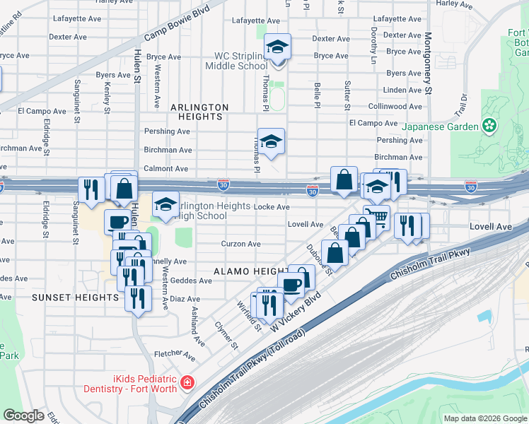 map of restaurants, bars, coffee shops, grocery stores, and more near 4129 Locke Avenue in Fort Worth