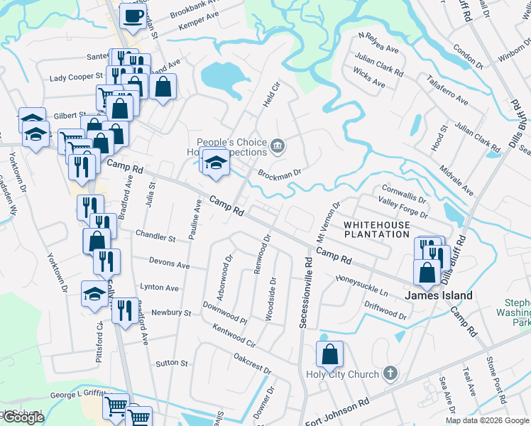 map of restaurants, bars, coffee shops, grocery stores, and more near 1426 Camp Road in Charleston