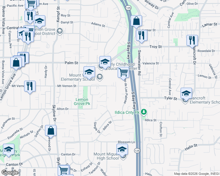 map of restaurants, bars, coffee shops, grocery stores, and more near 8421 Mount Vernon Street in Lemon Grove